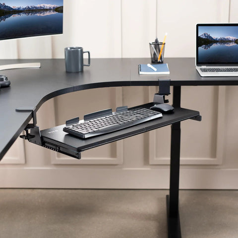 Rock Solid Slide Out Keyboard Tray For Corner Desk Effortless Gliding Computer Drawer With Swivel Clamps Black 26.8 x 11 inch with mouse space.