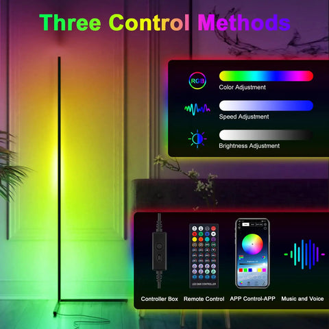 Corner Floor Lamp RGB Mood Light With 16 Million Colors And 210 Dynamic Modes, 56.7 Inches Tall, showing app controls