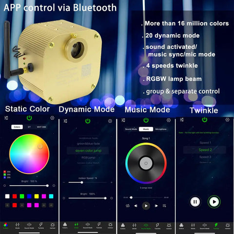 Bluetooth Control 16W Twinkle Fiber Optic Star Ceiling Lighting Kit interface and control options display
