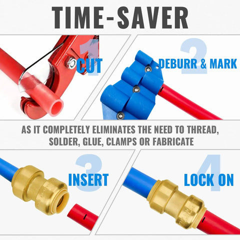 Push Pex Fittings Three Quarters Inch Set Featuring Five Couplings Elbows And Tee With Disconnect Clip Brass Push To Connect Plumbing Fittings For Pex Copper CPVC demonstrating installation steps: cut, deburr, insert, and lock using brass fittings.