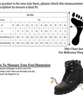 Size chart and measuring guide with illustration and Men's Tough As Nails Steel Toe Work Boots, Crazy Horse Leather, Waterproof And Non Slip, Built To Last On Any Job Site, Durable Goodyear Stitching, All Weather Safety Boot, Black, Size 9.5.
