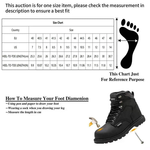 Size chart and measuring guide with illustration and Men's Tough As Nails Steel Toe Work Boots, Crazy Horse Leather, Waterproof And Non Slip, Built To Last On Any Job Site, Durable Goodyear Stitching, All Weather Safety Boot, Black, Size 9.5.