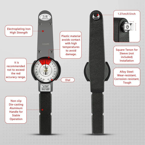 Dial Indicator Torque Wrench Half Inch Drive 0 to 100 Nm Pro Grade Precision Torque Meter With Case High Accuracy Fastener Tool For Pros And DIY Clear Dual Readout Dial For Easy Readings And Reliable Tightening. front view, alloy steel handle