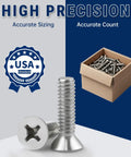 Heavy Duty Number Eight Thirty Two By One Half Inch Phillips Flat Head Machine Screws Packed In A Rock Solid Hundred Count Of Rust Resistant 304 Grade Stainless Steel Fasteners Built Different For Unc Coarse Thread Fit beside a box of screws.