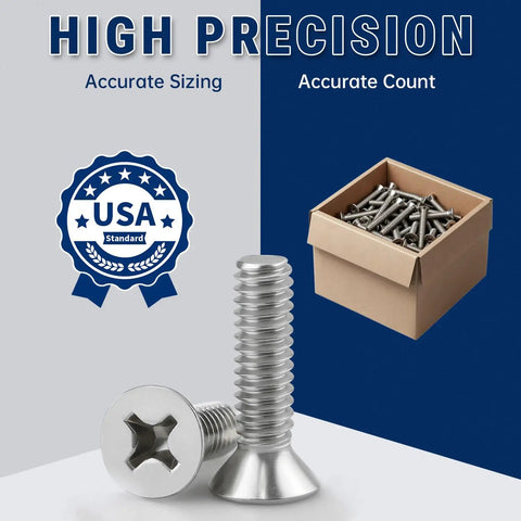 Heavy Duty Number Eight Thirty Two By One Half Inch Phillips Flat Head Machine Screws Packed In A Rock Solid Hundred Count Of Rust Resistant 304 Grade Stainless Steel Fasteners Built Different For Unc Coarse Thread Fit beside a box of screws.