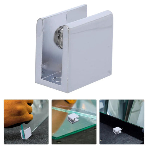 No Drill Glass Shelf Brackets Set Four Pack For 8 To 10mm Thick Shelves Zinc Alloy Clamps With Scratch Free Finish detail