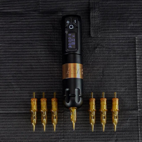 Tattoo Cartridges No 8 Bugpin 11RL Needle Set Disposable 20Pcs displayed with rotary tattoo machine, top view.
