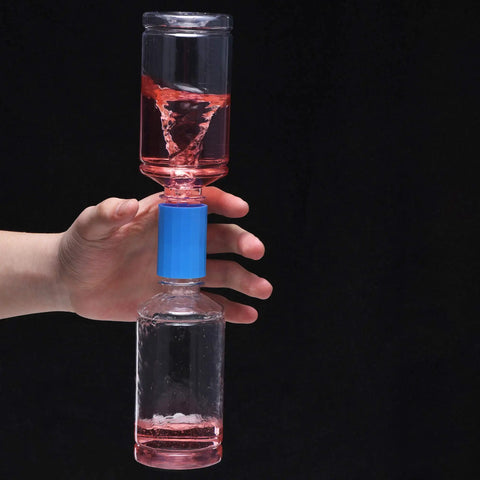 Hand holding Plastic Tornado Bottle Connectors Kit with Vortex Tubes, demonstrating red cyclone in bottles for science experiments