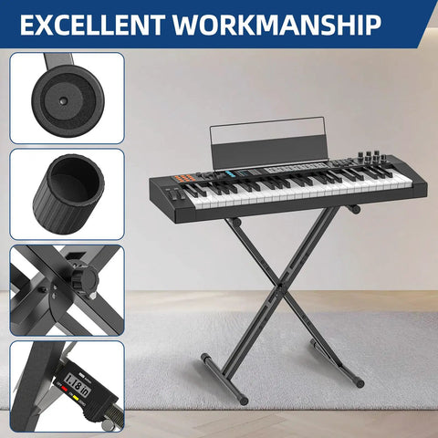 Heavy Duty X Style Keyboard Stand For 54 To 88 Key Electric Pianos And Synth showcasing adjustable legs and secure locking straps.