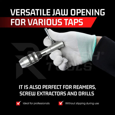 Three Piece T Handle Tap Wrench Set With Jaw Openings 1/16 To 5/32, 5/32 To 1/4, And 1/4 To 1/2 Inch for Taps Reamers, held in hand
