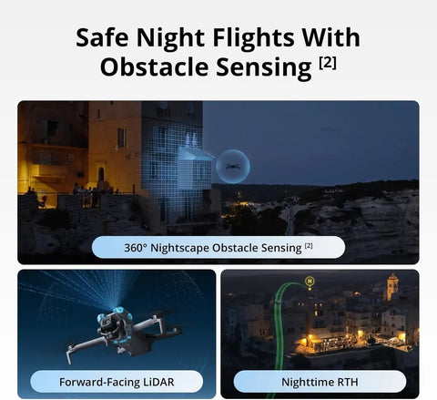 Pocket Sized Drone Fly More Combo with 360° nightscape obstacle sensing, forward-facing LiDAR, nighttime RTH over cityscape.