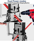 Beefy Copper Wire Stripping Tool With Hand Crank Or Drill Power, Handles Insulation On Scrap Wire From 0.06 To 0.98 Inch, Portable Aluminum Frame Wire Peeler For Recycling And Crafting being used with a drill and hand crank.