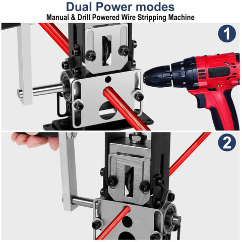 Beefy Copper Wire Stripping Tool With Hand Crank Or Drill Power, Handles Insulation On Scrap Wire From 0.06 To 0.98 Inch, Portable Aluminum Frame Wire Peeler For Recycling And Crafting being used with a drill and hand crank.