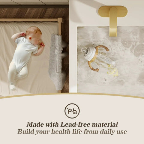 Brushed Gold single handle waterfall faucet beside sleeping baby, showcasing lead-free material for safe use. Single Handle Waterfall Bathroom Faucet In Brushed Gold With 6 Inch Deck Plate Includes Metal Pop Up Drain Assembly And CUPC Water Supply Lines Fits 4 Inch Single Hole Or 3 Hole Sinks For A Sleek Boss Level Spa Vibe.