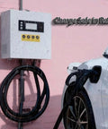 Beefy 40kW CCS1 EV Charger for commercial use on a wall, 125A output, 16.4 ft cable, charging a car in the rain