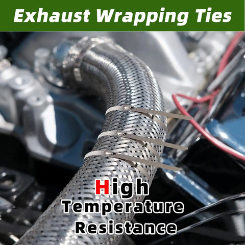 Built Tough Heavy Duty Stainless Steel Zip Ties 11.8 Inch By 0.18 Inch 304 Stainless Cable Ties securing exhaust wrap