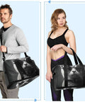Two people carrying a Waterproof Sports Gym Bag With Dry Wet Compartment And Shoe Storage, Large Capacity Duffel For Workout Travel Yoga And Swim, Gray Cat With Sunglasses Design, Durable Tote For Fitness And Overnight Trips.