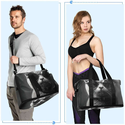 Two people carrying a Waterproof Sports Gym Bag With Dry Wet Compartment And Shoe Storage, Large Capacity Duffel For Workout Travel Yoga And Swim, Gray Cat With Sunglasses Design, Durable Tote For Fitness And Overnight Trips.