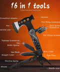 Grintus 16-in-1 camping multitool in black with axe, hammer, pliers, knife blade, saw, screwdrivers, bottle opener