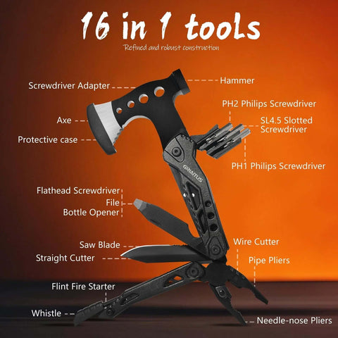 Grintus 16-in-1 camping multitool in black with axe, hammer, pliers, knife blade, saw, screwdrivers, bottle opener