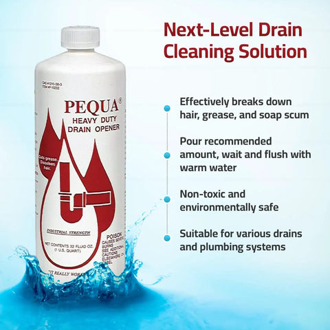 Heavy Duty Drain Opener, 32 Oz. bottle with industrial strength clog remover for sinks and tubs, safe for plumbing systems.