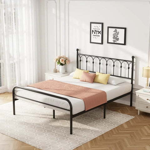 Queen Metal Platform Bed Frame Featuring Trendy Spherical Headboard in a bright bedroom with pastel decor.