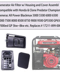 Heavy Duty Generator Air Filter Housing Box And Cover Assembly For 5500 To 9500 Watt Gens Compatible With Predator Firman Generac GP5500 GP6500 Honda GX Series Champion Powered Engines shown with components and installation.