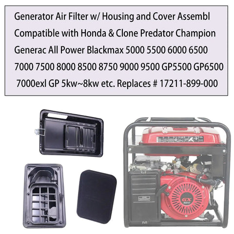 Heavy Duty Generator Air Filter Housing Box And Cover Assembly For 5500 To 9500 Watt Gens Compatible With Predator Firman Generac GP5500 GP6500 Honda GX Series Champion Powered Engines shown with components and installation.
