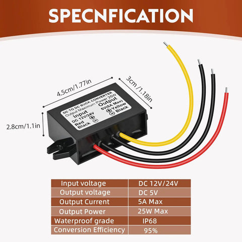Dimensions of Two Pack 24V And 12V To 5V 5A 25W Step Down Converter Module Buck Regulator with IP68 waterproof rating.