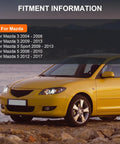Yellow Mazda car by the beach, fitment information for Mazda 3 and Mazda 5, relevant to Rear Wheel Bearing And Hub Assembly 512347 For Mazda 5 2006 2017 ABS Models And Mazda 3 2004 2013 ABS Models, Premium 5 Bolt Hub With Integral ABS Sensor Left Or Right Side.