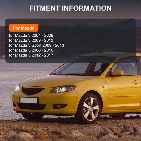 Yellow Mazda car by the beach, fitment information for Mazda 3 and Mazda 5, relevant to Rear Wheel Bearing And Hub Assembly 512347 For Mazda 5 2006 2017 ABS Models And Mazda 3 2004 2013 ABS Models, Premium 5 Bolt Hub With Integral ABS Sensor Left Or Right Side.