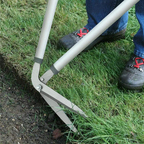 Person using Long Handle Edging Shears For Lawn And Garden, Heavy Duty Border Shears With Nonstick Coated Blades, Sharp Rust Resistant Lawn Edge Cutter, 80 Cm Reach For Easy Yard Borders And Edges on grass