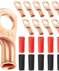 UL Tested 10 Pack 8 AWG Heavy Duty Copper Ring Terminals Set With Three Eighths Inch Ring And Heat Shrink Tubes For Battery Cables