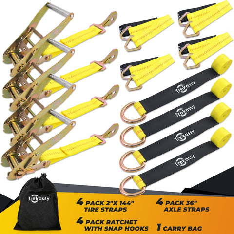 Heavy Duty Car Tie Down Straps For Trailers 2 Inch By 12 Foot, 10000 Lbs Break Strength, 4 Pack Steel Ratchets with bag