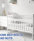 White nursery with modern crib featuring 4 Piece Bunk Bed Bolts And Nuts Kit M6x70mm Hex Drive Socket Cap Hardware Replacement.
