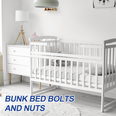 White nursery with modern crib featuring 4 Piece Bunk Bed Bolts And Nuts Kit M6x70mm Hex Drive Socket Cap Hardware Replacement.