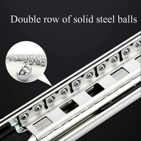 Close-up of double ball bearing track for Top Shelf Heavy Duty Drawer Slides Silent Self Closing Cabinet Tracks, showing solid steel balls.
