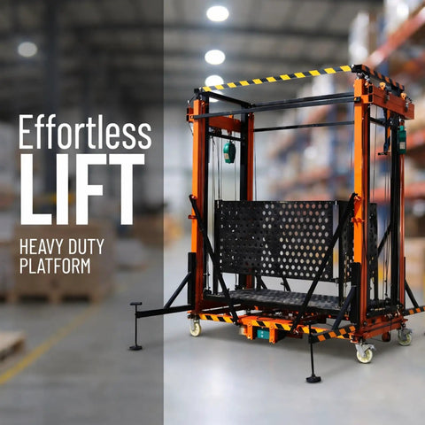 Heavy Duty Electric Scaffolding Lift Platform 1100 Lb Capacity 16.4 Ft Vertical Rise with stable support in warehouse setting.