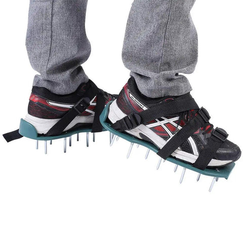 Spiked Lawn Aerator Shoes With Adjustable Straps For Yard And Garden One Size Fits All Easy Walk To Aerate Soil shown on feet