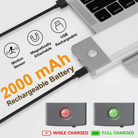 54 LED Under Cabinet Light With Rechargeable Wireless Motion Sensor Glare Free Illumination showing charging ports and battery status