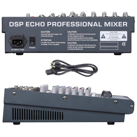 Rear view of 6 Channel Bluetooth Audio Mixer DJ Sound Controller with USB MP3 Player 4 XLR Microphone Inputs 7 Band EQ 48V Phantom Power