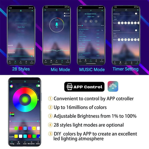 Colorful RGB Car Interior LED Strip Light Kit With 16 Million Colors app control interface on smartphone screens