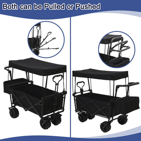 Heavy Duty Collapsible Wagon Cart With Canopy For Outdoor Camping And Hauling Gear 200L, black, push or pull handles
