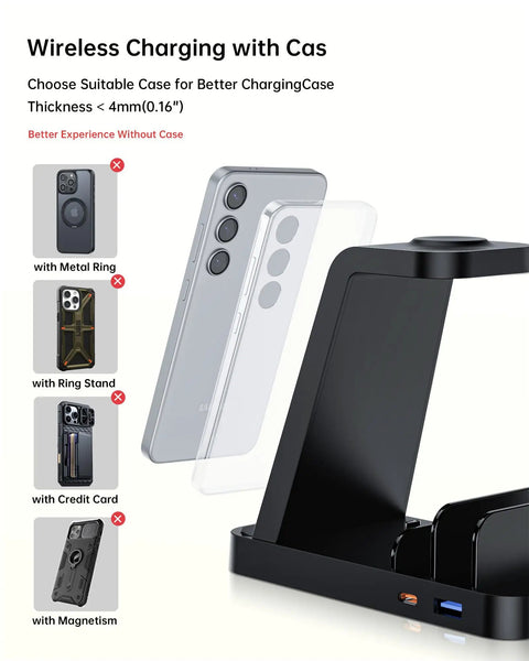 5-In-1 Do-It-All Galaxy Wireless Charging Station With Dual USB C And USB A Ports, 15W Fast Charge, case compatibility shown