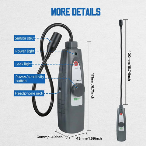 Ultrasonic leak detector with headphones, gray handheld unit and 420mm probe; front view shows dial and headphone jack.