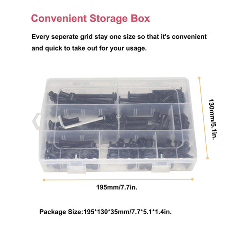 114 Piece Black M6 Allen Bolts Kit With Flat Head Socket Cap Screws And Cap Nuts in storage box, 15mm to 80mm range