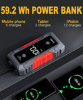 5000A Peak Jump Starter For Cars With 12V Battery Pack, Powers Up 10.0L Gas And 8.0L Diesel Engines In Seconds, Portable Jump Box With 3.0 Inch LCD Display, USB Output, And Compact Beast Power Pack shown next to charging devices.