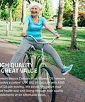 Woman riding a bicycle in park, promoting Bronson Basics Calcium Plus Vitamin D3 formula for bone health and joint support.