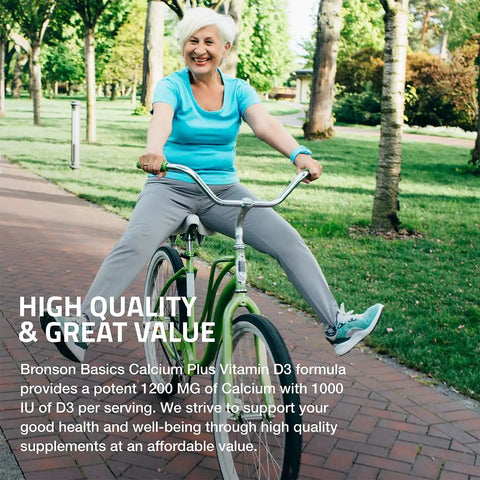 Woman riding a bicycle in park, promoting Bronson Basics Calcium Plus Vitamin D3 formula for bone health and joint support.