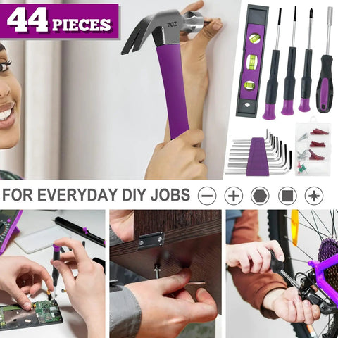 44 Piece 4V Cordless Screwdriver Tool Kit Set in Pink for Women with pliers, hammer, DIY tools for home repairs, Ladycraft